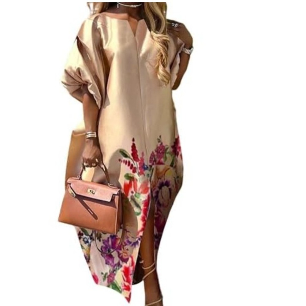 Women's Peach Floral Silky V-Neck Tunic Fat Half Sleeves Oversize Sz Small